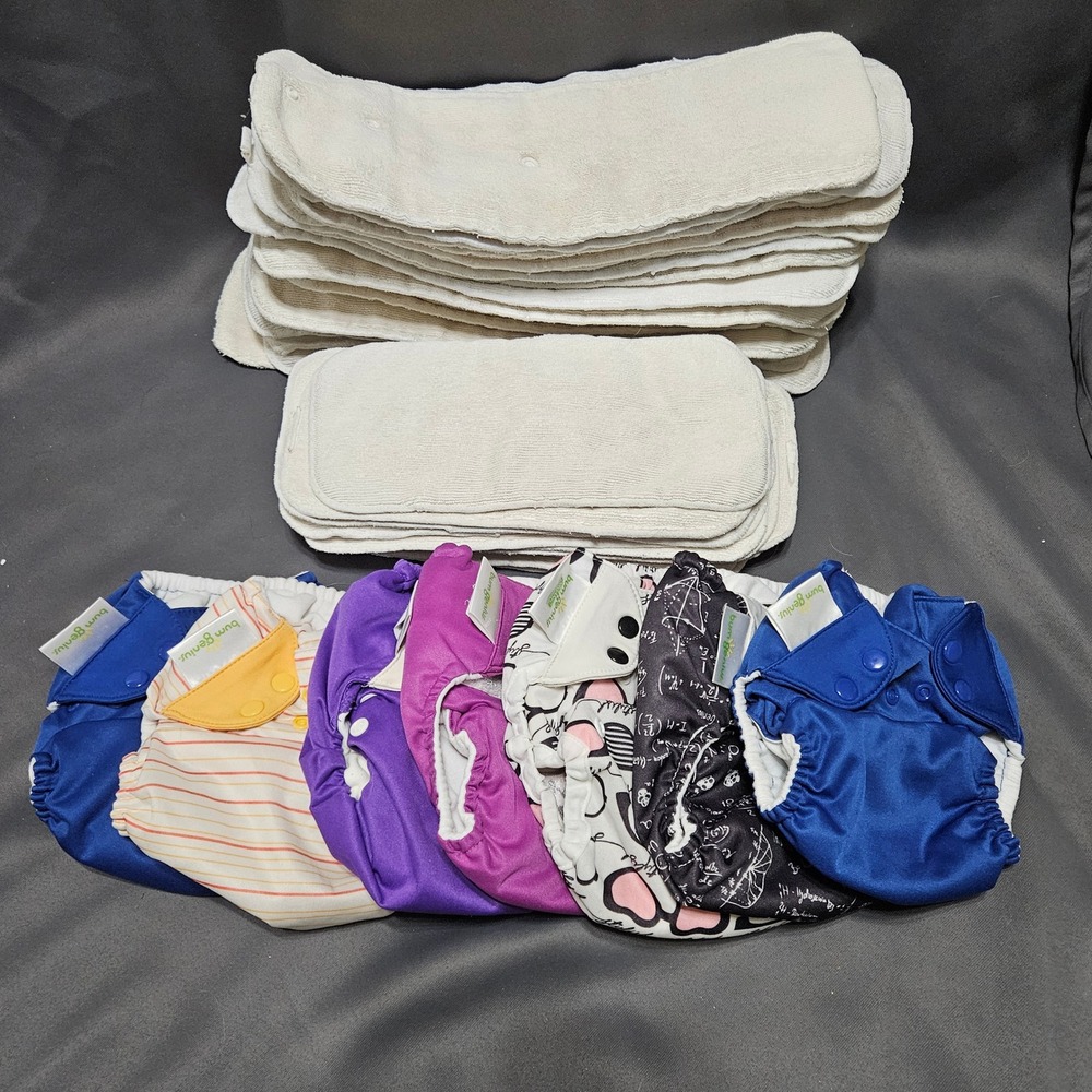 BumGenius Cloth Diaper Bundle 7 Covers and Inserts Blue Purple Math Print Snap